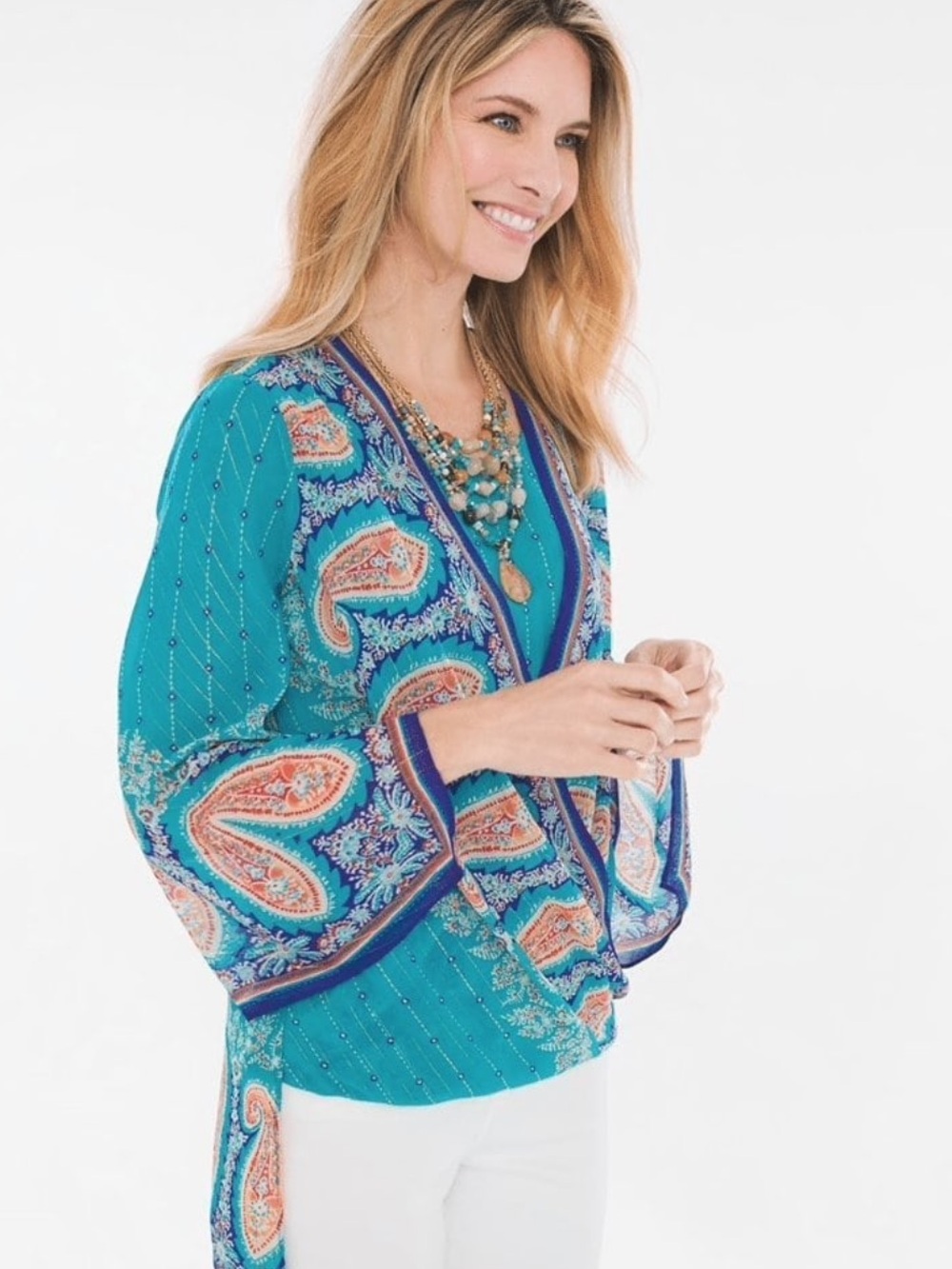 Chico's Teal Paisley Surplice Tunic with Coral & Navy Accents